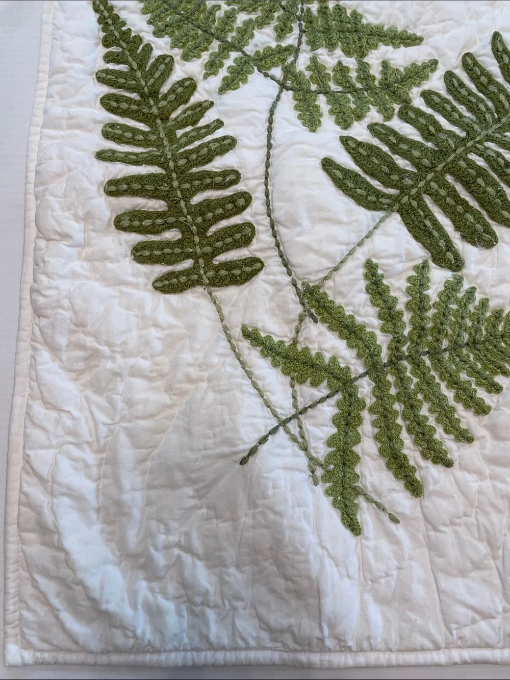 Pottery Barn Quilted Pillow Case 21” x 26” White Green Fern Embroidered Botanic